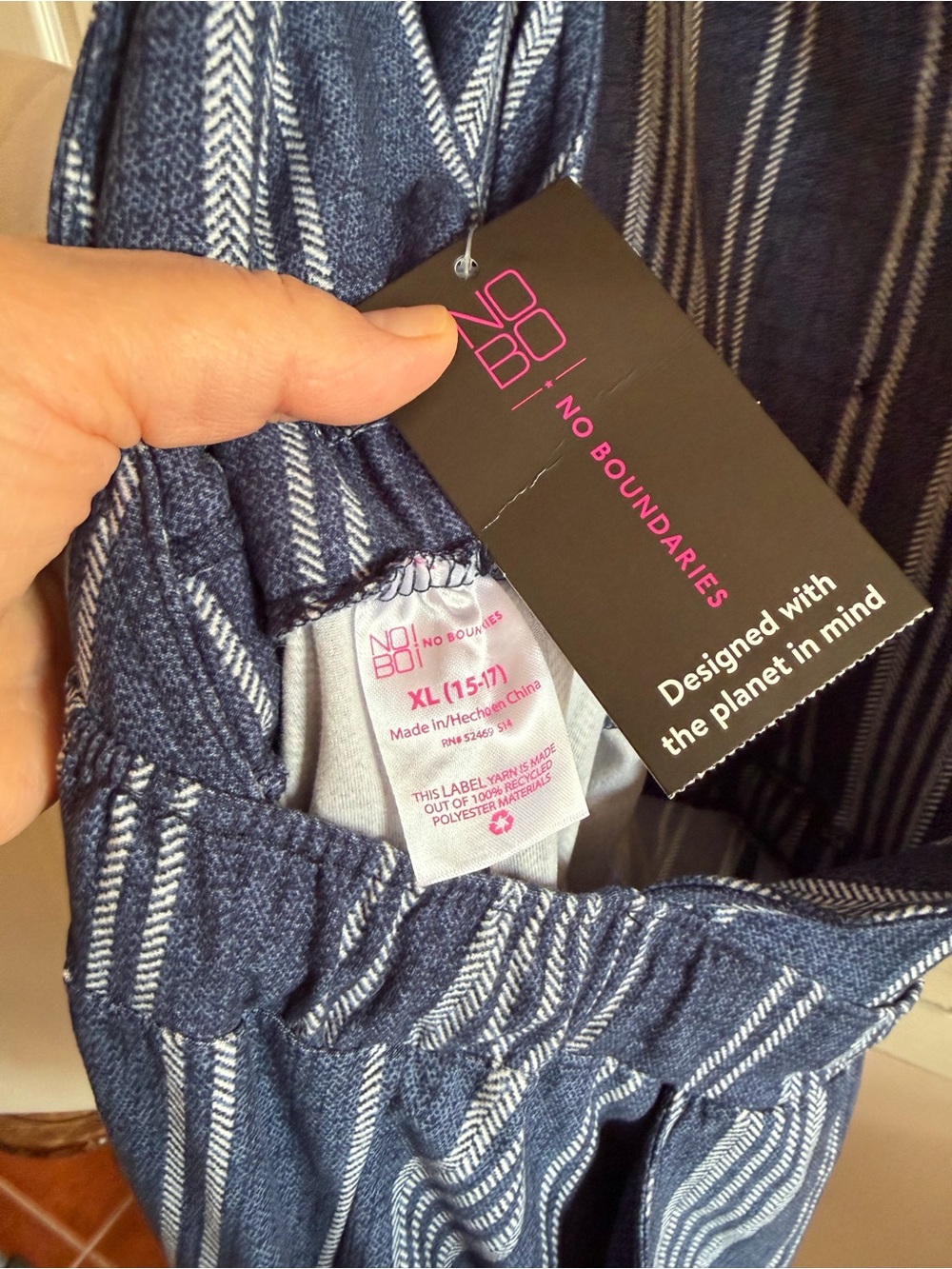 No Boundaries Indigo Blue Striped Overall Romper - Picture 4 of 4